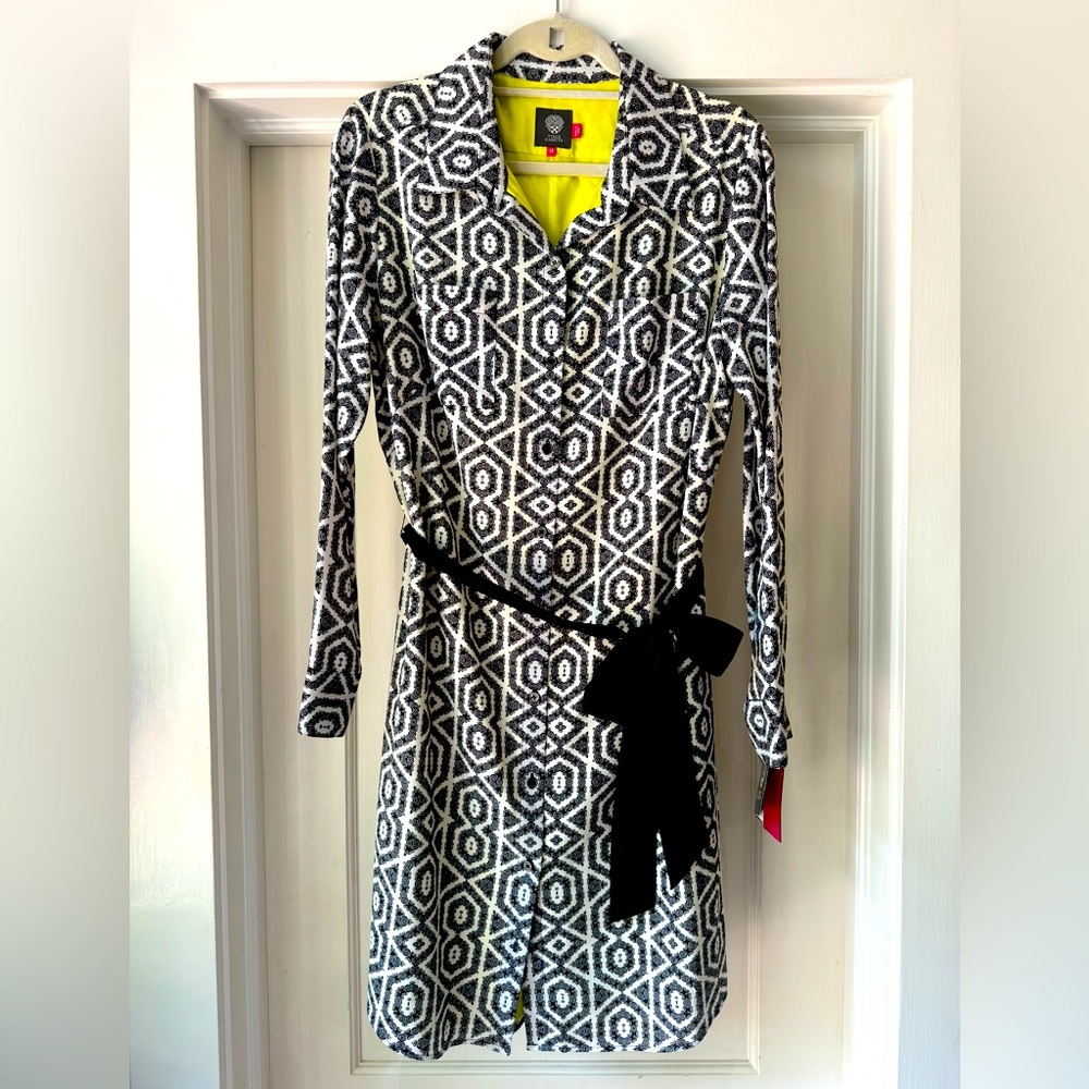 Vince Camuto Black & White Geometric Print Button-Down Shirt Dress (14) - NWT